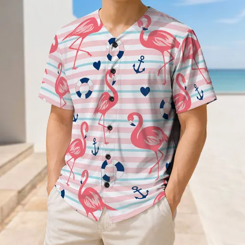 Pink Flamingo Nautical Anchor Stripe Coastal Team Game Day Gift for Women and Men Baseball Jersey