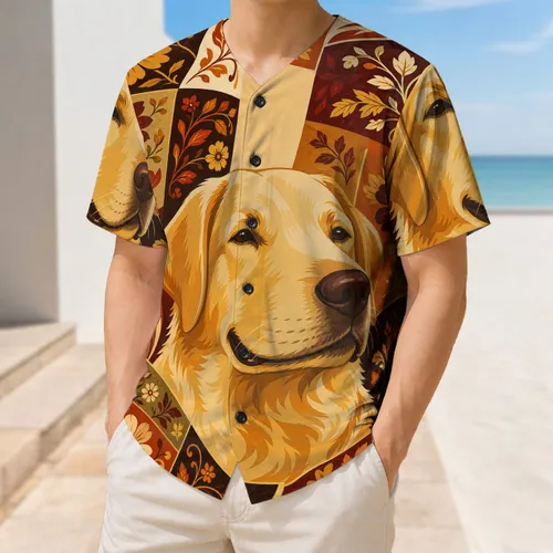 Yellow Labrador Floral Patchwork Autumn Dog Lover Game Day Outdoor Casual Wear Baseball Jersey
