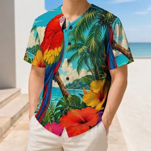 Scarlet Macaw Palm Hibiscus Tropical Beach Party Vacation Wear For Men And Women Baseball Jersey