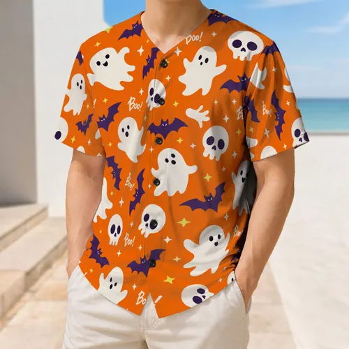 Orange Halloween Ghosts, Skulls And Bats For Spooky Game Day Team Fans And Parties Baseball Jersey