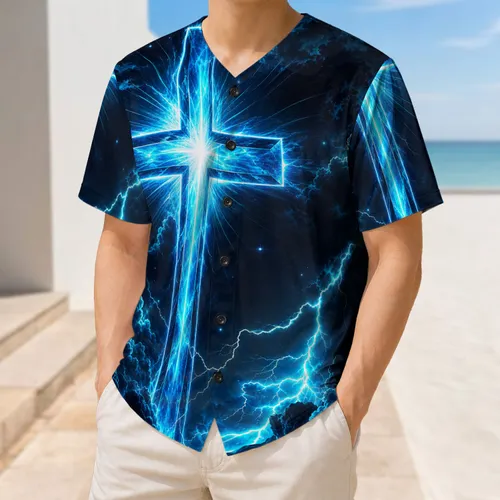 Luminous Blue Cross With Lightning Storm Clouds For Christian Night Worship Wear Baseball Jersey