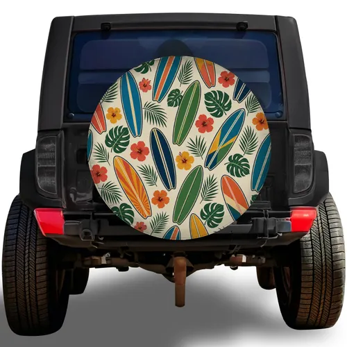 Retro Tropical Surfboards And Hibiscus For Beach RV Camping And Coastal Road Trips Spare Tire Cover