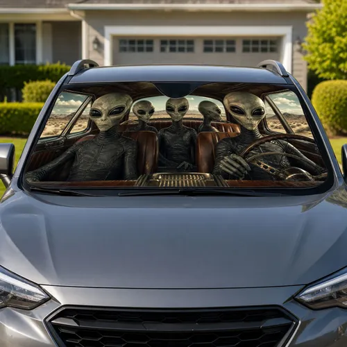 Surreal Alien Passengers In Vintage Car Cabin For Desert Road Trip Sci-Fi Enthusiasts Car Sunshade