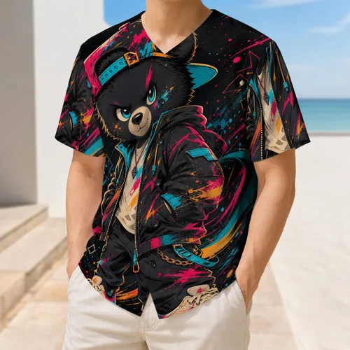 Neon Urban Bear Cub Streetwear Art For Festivals Skate Culture And Daily Casual Wear Baseball Jersey