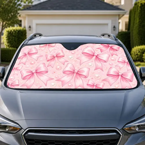 Pink Ribbon Bows And Pearl Dots For Valentine's Day Girly Car Decor For Women Drivers Car Sunshade