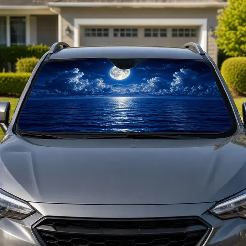 Luminous Full Moon Over Ocean Clouds Night Sky for Peaceful Coastal Twilight Cruising Car Sunshade
