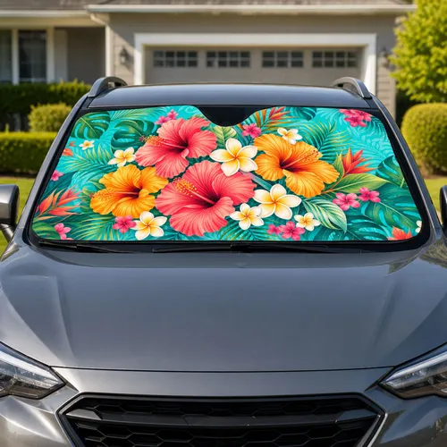 Tropical Hibiscus and Plumeria Flowers for Beach Trips, Summer Driving, and Vacations Car Sunshade