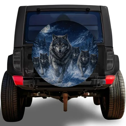 Six Gray Wolves Charging Through Snowy Moonlight For Off Road Adventure Wildlife Lovers Spare Tire Cover