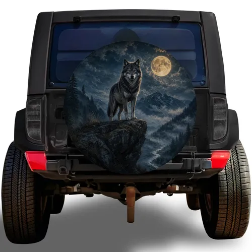 Lone Wolf Moonlit Cliff Scene For Off Road SUV And RV Night Wilderness Adventure Lovers Spare Tire Cover
