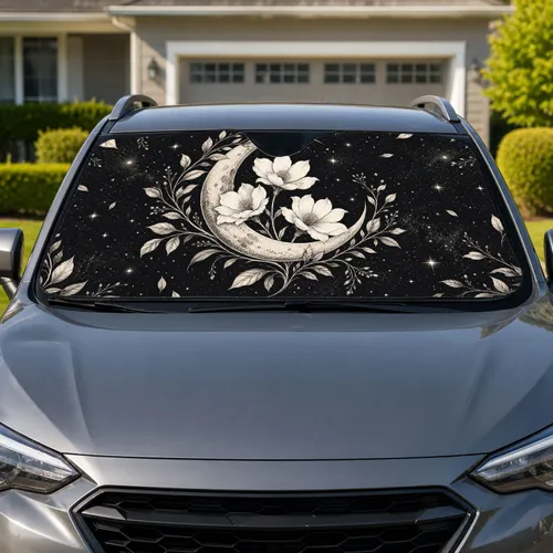 Celestial Moon And White Flowers For Gothic Night Drive Decor And Witchy Road Trip Lovers Car Sunshade