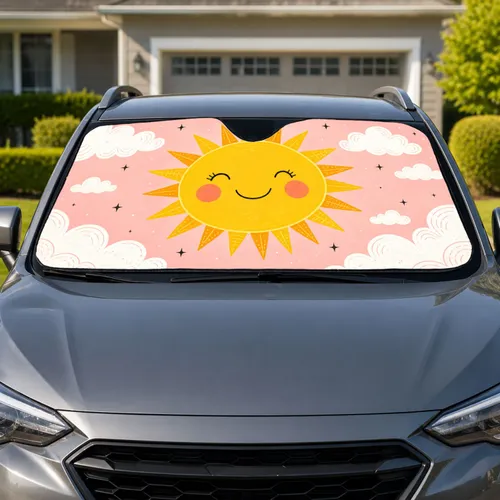 Smiling Sun And Cloud Pastel Pink Sky For Cheerful Summer Road Trips And Family Cars Car Sunshade