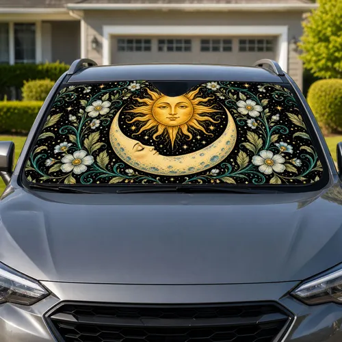 Celestial Sun And Moon With Teal Florals For Boho Road Trip Vehicle Decor Lovers Car Sunshade