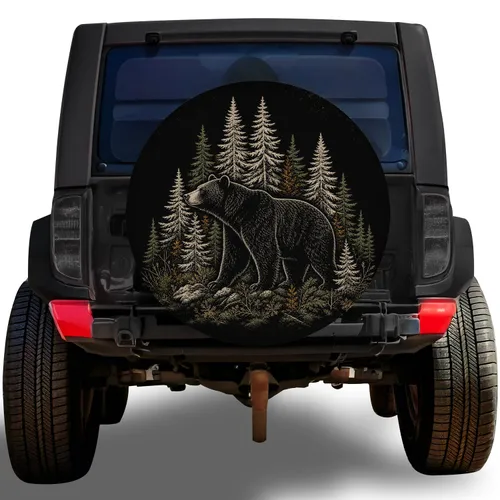 Vintage Black Bear Pine Forest For Off-Road Camping And Overland Travel Enthusiasts Spare Tire Cover