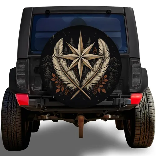 Vintage Compass And Feather Emblem For Overland Camping And Backcountry Explorers Spare Tire Cover
