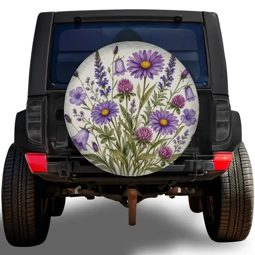 Purple Wildflower Bouquet Botanical Watercolor for RV Camping and Trailer Travelers Spare Tire Cover