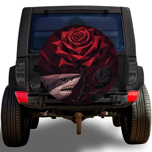 Low Poly Great White Shark And Crimson Rose Outdoor Adventure Style For RV Travelers Spare Tire Cover