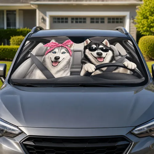 Cheerful Siberian Husky Road Trip Duo With Pink Bow And Sunglasses For Dog Lovers Car Sunshade