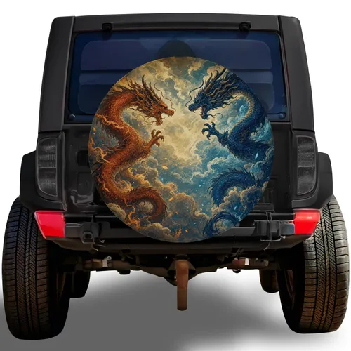 Two Dragon Battle Fantasy Scene For Off Road Adventure Vehicles And Dragon Lovers Spare Tire Cover
