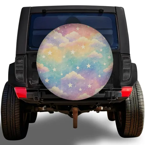 Pastel Rainbow Hanging Stars And Clouds For Dreamy RV Travel, Camping, And Road Trips Spare Tire Cover