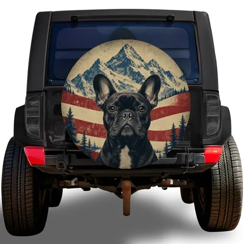 Patriotic French Bulldog With Mountain Flag Scene For RV Camping And Road Trips Spare Tire Cover