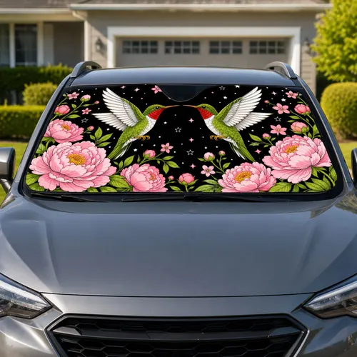 Green Hummingbirds And Pink Peonies For Romantic Floral Car Decor For Nature Lovers Car Sunshade