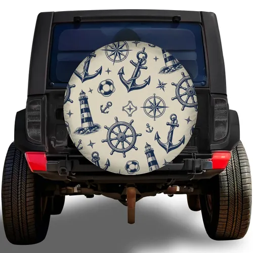 Navy Nautical Anchors And Lighthouses For Coastal Road Trips And RV Camper Travel Spare Tire Cover