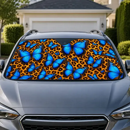 Blue Morpho Butterflies And Leopard Motif For Bold Safari Style Vehicle Interior Car Sunshade