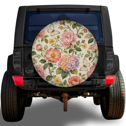 Watercolor Wild Roses Hydrangeas And Butterflies For RV Camping Garden Enthusiasts Spare Tire Cover