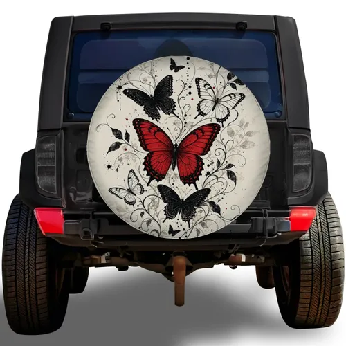 Red And Black Gothic Butterfly Botanical Art For RV Camping And Road Trip Style Fans Spare Tire Cover