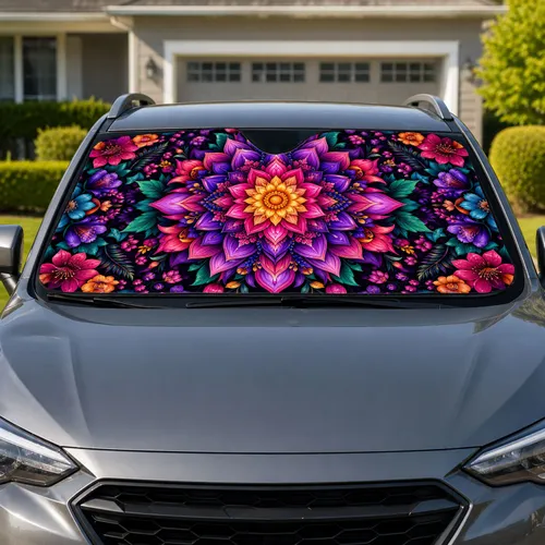 Vibrant Floral Mandala Botanical Kaleidoscope for Colorful Commuter Style and Road Trips Car Sunshade
