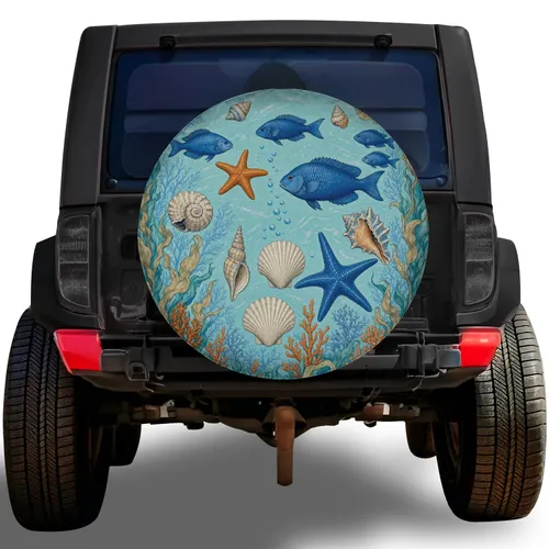 Blue Reef Fish Starfish And Seashells For Coastal Ocean RV Beach Travel Enthusiasts Spare Tire Cover