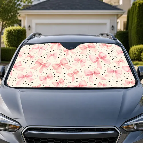 Pink Ribbon Bows And Black Polka Dots For Cute Daily Commutes And Valentine Gifts Car Sunshade