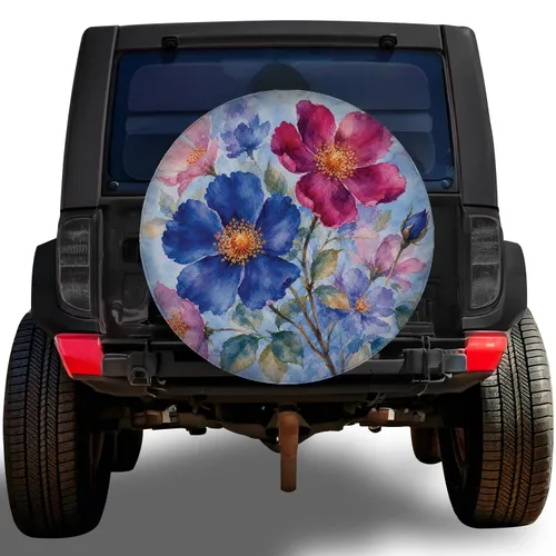 Blue And Magenta Watercolor Wildflowers For Boho RV Camping And Garden Lovers Travel Spare Tire Cover