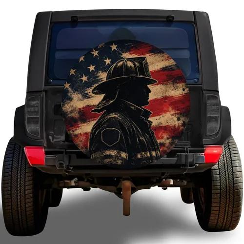 Vintage Firefighter American Flag Distressed Patriotic Road Travel For First Responders Spare Tire Cover