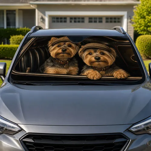 Yorkshire Terriers In Newsboy Caps For Dog Lover Road Trip Gifts And Classic Auto Fans Car Sunshade