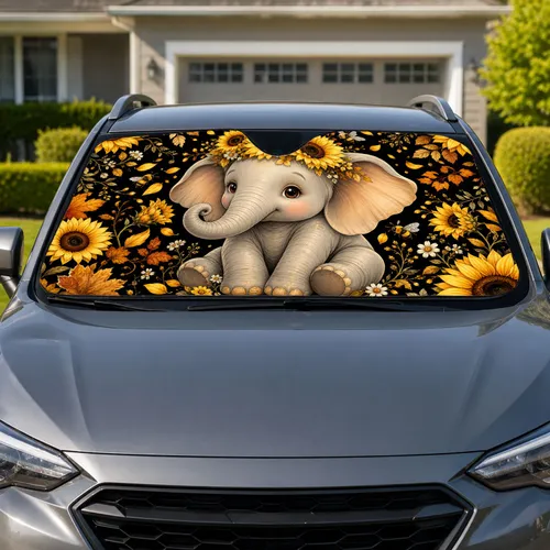 Cute Baby Elephant With Sunflowers For Autumn Road Trips And Floral Animal Lovers Car Sunshade