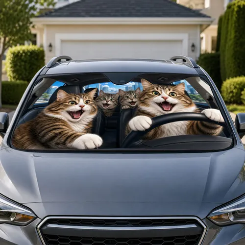 Funny Tabby Cats Driving a Road Trip Adventure for Cat Lovers and Daily Commutes Car Sunshade