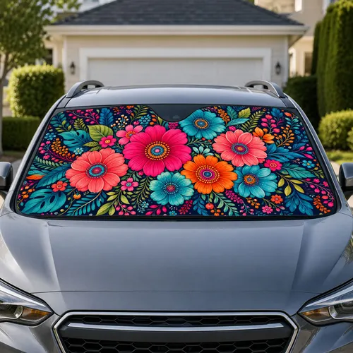 Colorful Tropical Floral Bouquet For Summer Road Trips, Beach Days And Everyday Drivers Car Sunshade