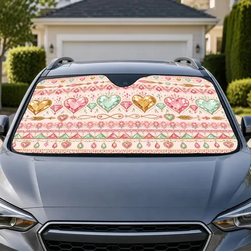 Boho Pink Heart And Gold Gem Motifs For Valentine Road Trips And Romantic Car Decor Car Sunshade