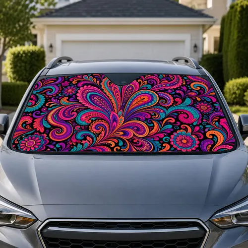 Psychedelic Paisley Floral Swirls For Colorful Road Trips, Commuters And New Drivers Car Sunshade