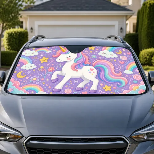 Cute White Unicorn With Pastel Rainbows for Kids Road Trips and Gifts for Little Girls Car Sunshade