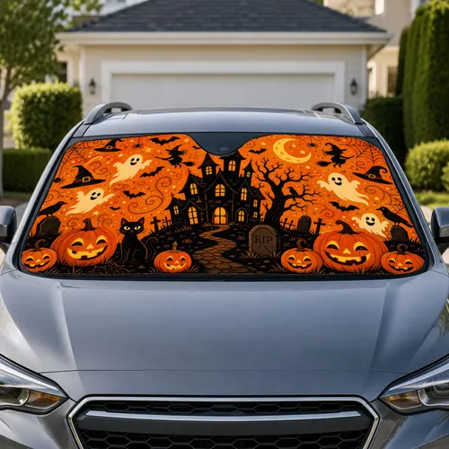 Haunted Mansion Pumpkins Ghosts Halloween Decor For Spooky Autumn Road Trip Fans Car Sunshade