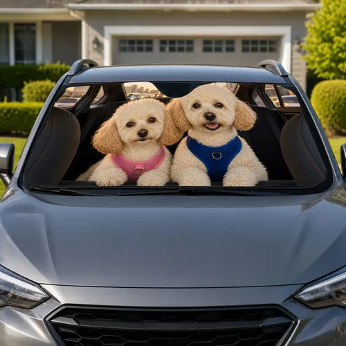 Two Cream Poodles Riding In Modern Auto Interior For Dog Lovers And City Commuters Car Sunshade