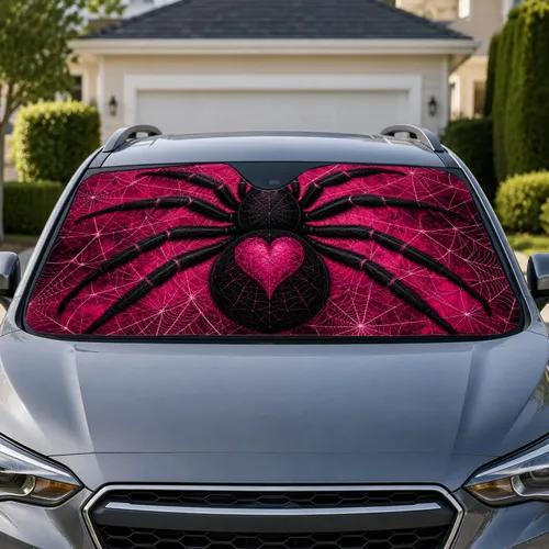 Pink Gothic Spider Heart Web Decor For Halloween Road Trips And Spooky Car Lovers Car Sunshade
