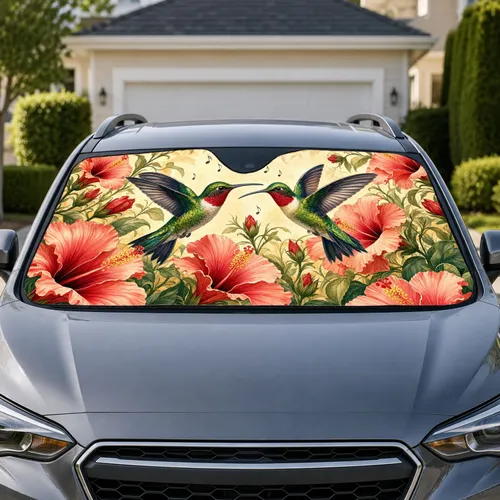 Ruby Throated Hummingbirds With Coral Hibiscus For Tropical Garden Road Trip Lovers Car Sunshade