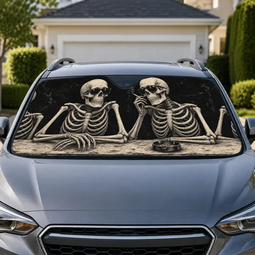 Vintage Skeleton Duo In Sunglasses For Gothic Road Trips And Halloween Driver Fans Car Sunshade
