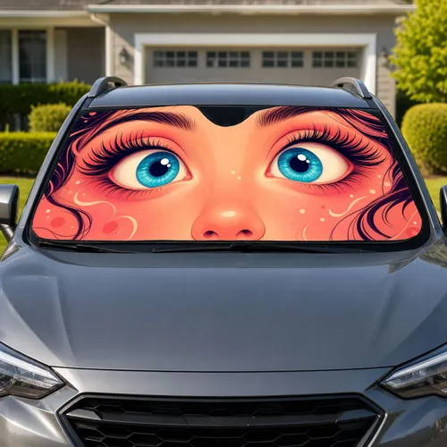 Turquoise Blue Eyes Peach Pink Face UV Blocking Cute Auto Accessory for Women Drivers Car Sunshade