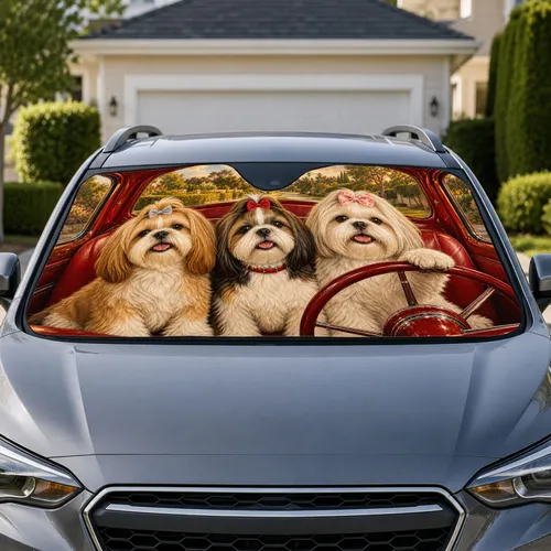 Three Shih Tzu Dogs in a Red Vintage Roadster for Fun Weekend Road Trips and Dog Mom Gifts Car Sunshade