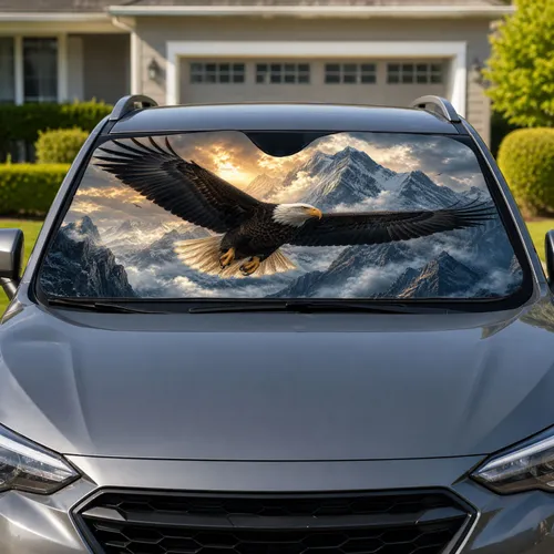 Majestic Bald Eagle Over Snowy Alpine Mountains For Patriotic Road Trip Enthusiasts Car Sunshade