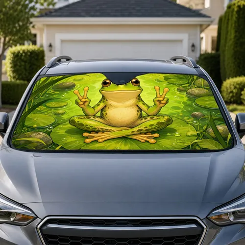 Meditating Green Tree Frog Peace Sign Pond Decor for Zen Commuters and Nature Lovers Car Sunshade